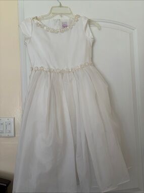 Luvable Friends White Dress with Cream Floral Bead Trim.